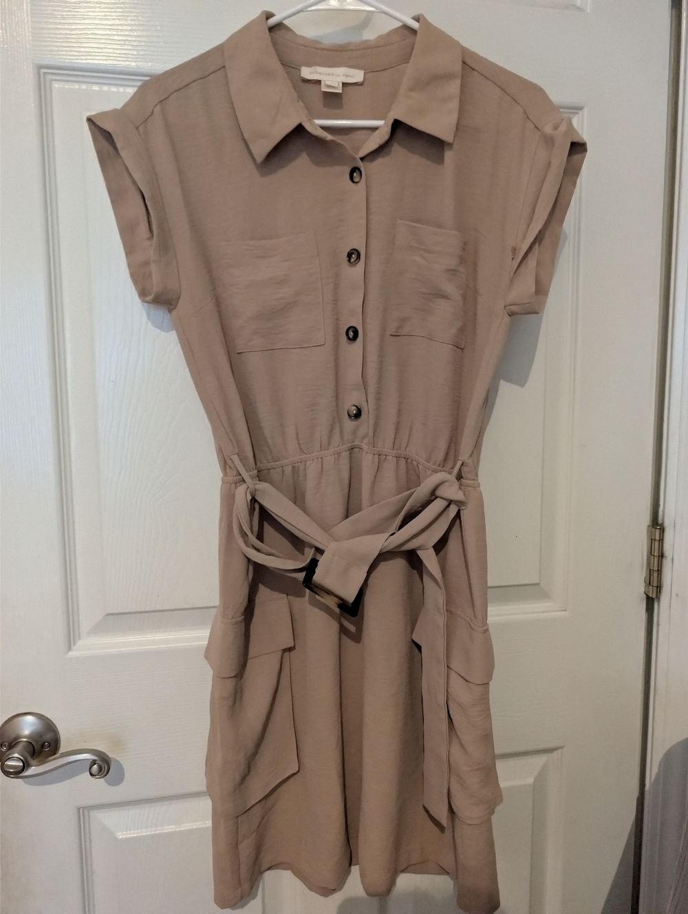 Monteau Taupe Button-Front Shirt Dress with Tie Belt